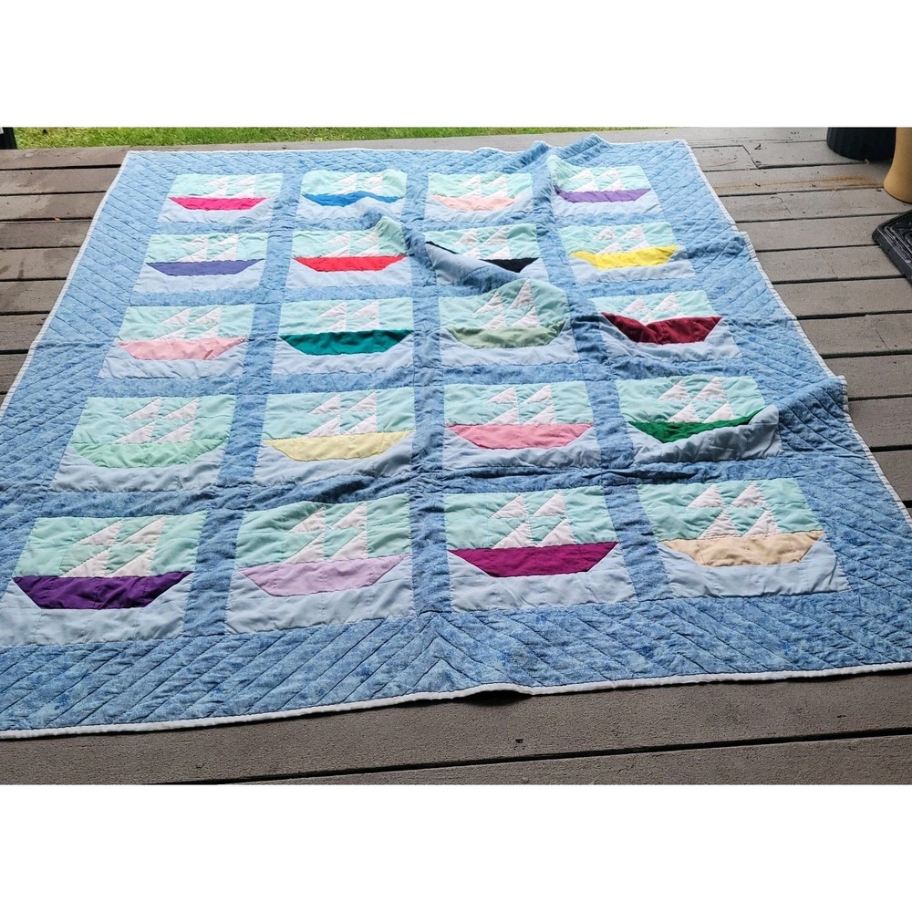 Vintage Handmade Quilt Bedspread Sailboats Boats 60 x 62 Patchwork